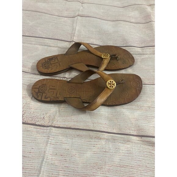 Tory Burch Thora Monogrammed Brown Leather Sandals - 9 - Picture 4 of 11